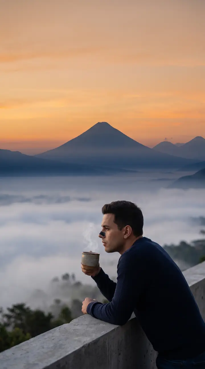 Amanece en Guatemala: con la tira VENTUS Nariz puesta, un hombre toma café frente a los volcanes.