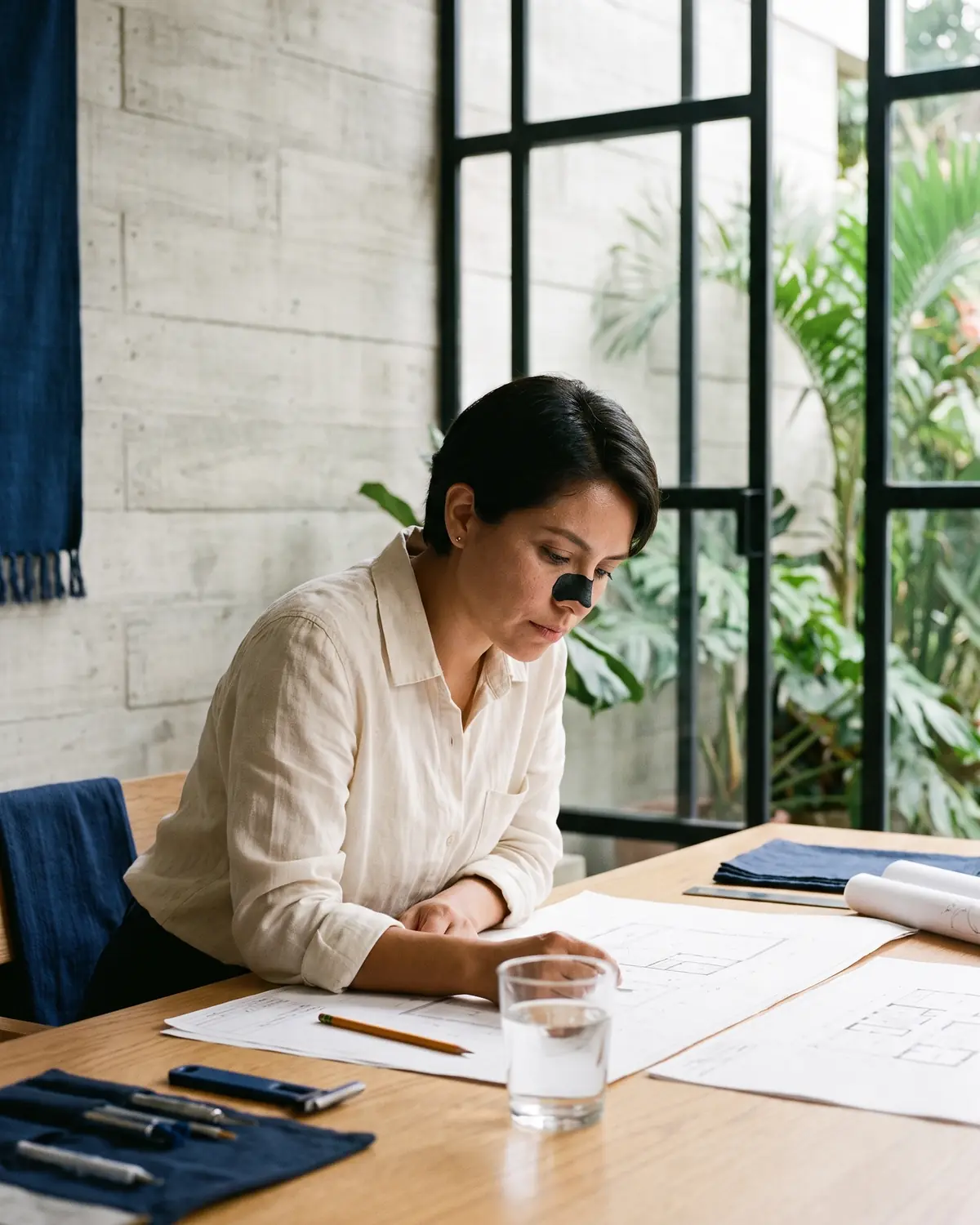 Una arquitecta revisa planos en su estudio con la tira VENTUS Nariz puesta.