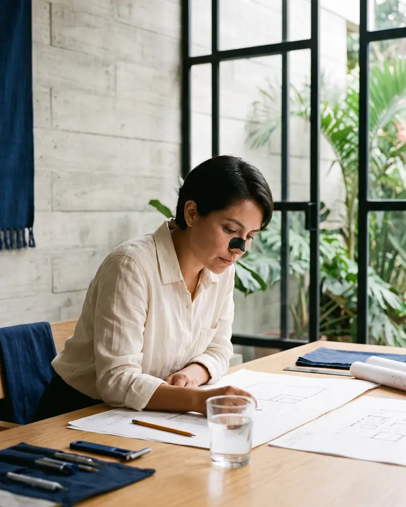 Una arquitecta revisa planos en su estudio con la tira VENTUS Nariz puesta.